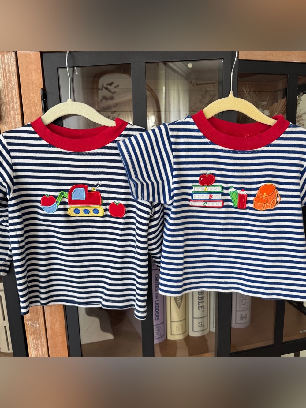 Bundle applique school tee cotton embroidered apples striped long sleeve short